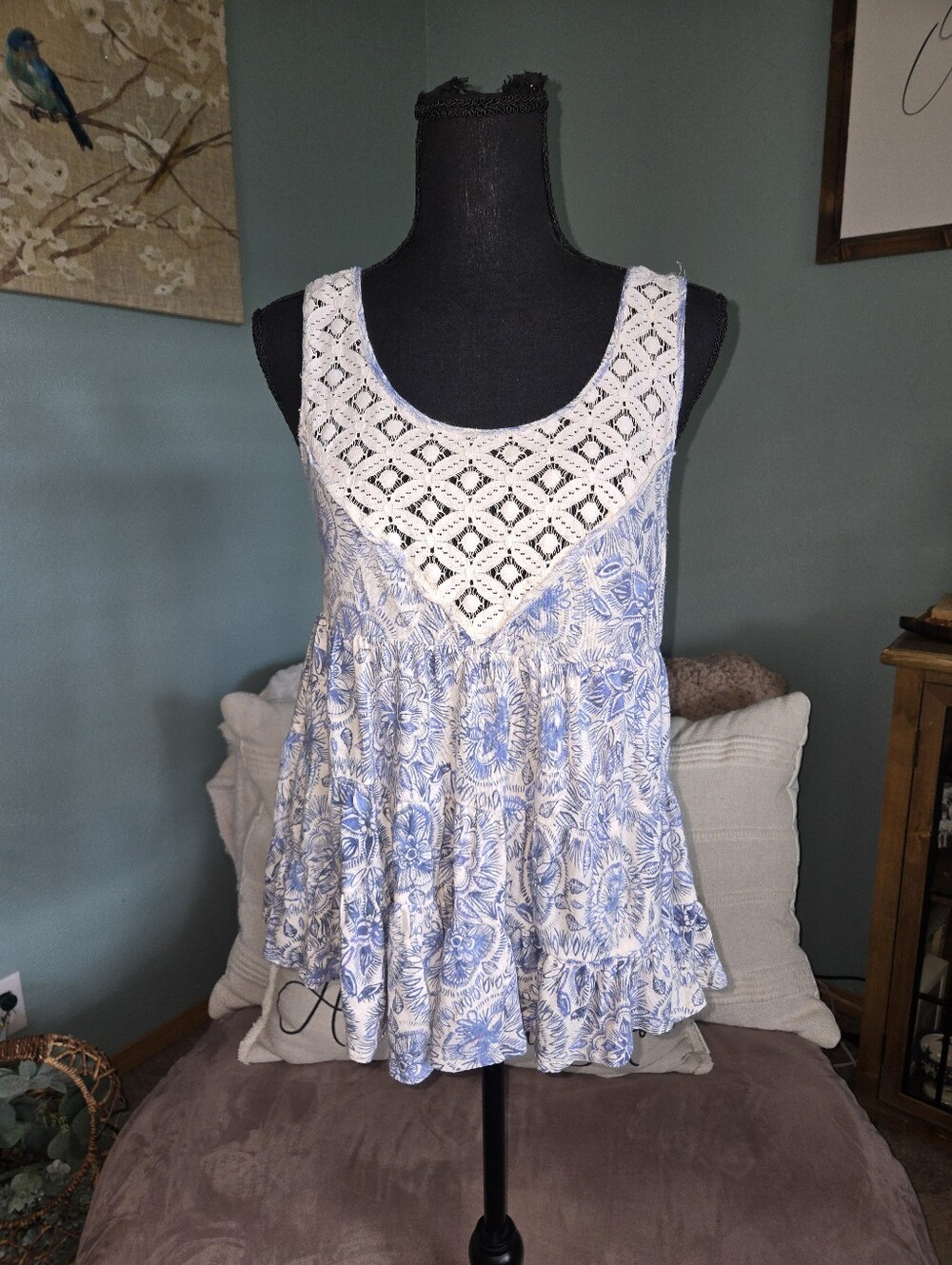 Free People Blue and White Floral Crochet Yoke Tunic